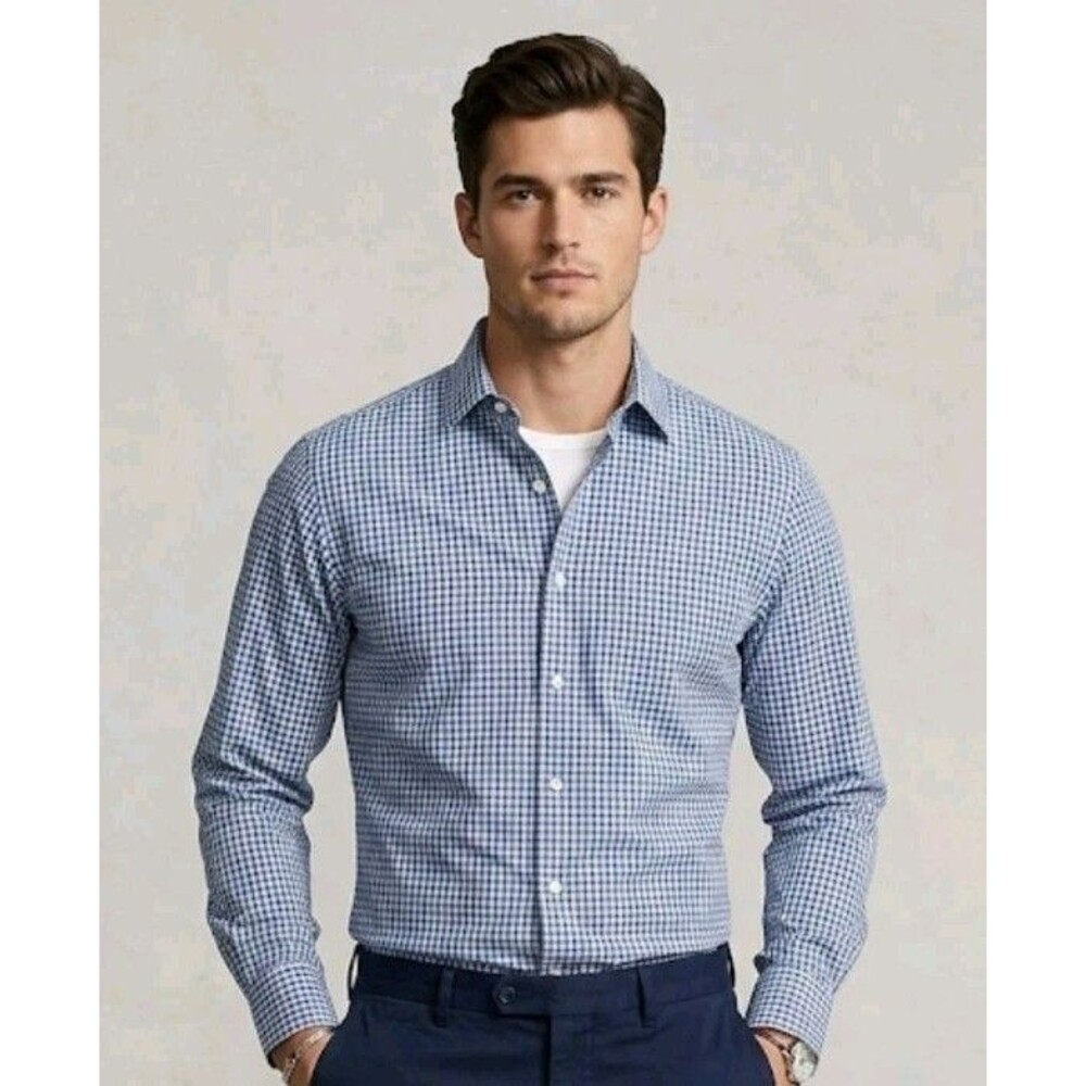 Talbots Men's Shirt Size 17 34/35 Stripe Blue/White Button 120's 2 Ply Cotton